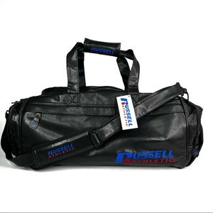 RARE Russell Ahletics DEADSTOCK Vintage Black Leather Duffel Bag Travel Gym
